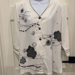 Alia White Top with Black Floral Design